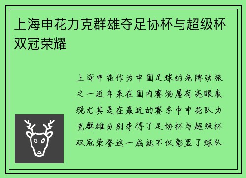 上海申花力克群雄夺足协杯与超级杯双冠荣耀