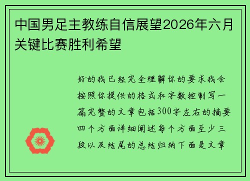 中国男足主教练自信展望2026年六月关键比赛胜利希望