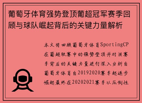 葡萄牙体育强势登顶葡超冠军赛季回顾与球队崛起背后的关键力量解析